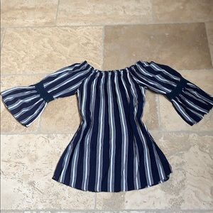 Navy and white striped over the shoulder dress